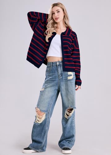 Image of chouyatou Women's Button Down Striped Cardigan Sweater Polo Collar Open Front Knit Jacket 2024 Fall Outfits