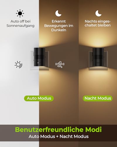 AUVON Nachtlicht Steckdose mit Bewegungs- & Dämmerungssensor (90° Drehbar, Zuschaltbare Auf-/Abwärtsbeleuchtung, 1-50 lm Dimmbar), 2er Night light Warmweiß für Flur Treppe Schlafzimmer Küche Kinder