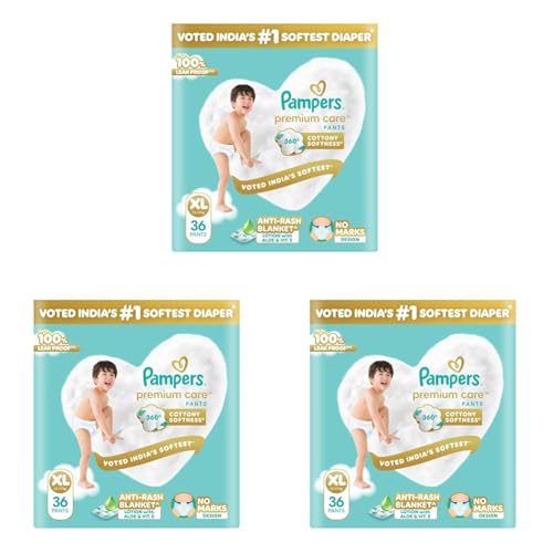 Image of Pampers Premium Care Pant Style Baby Diapers XL 36 Count | No Marks Design | Voted India's #1 Softest Diaper | All in 1 diaper with 360 Cottony Softness (Pack of 3)