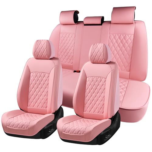 Image of Huidasource Pink Seat Covers, Nappa Leather Car Seat Covers, Velcro Adjustable, Compatible with Airbags, Child Seat, Seat Belts, Fit for Most Cars, Vans, Trucks, SUVs (Full Set /Pink)