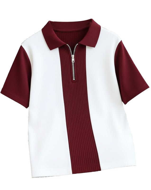 Image of AUSK Men's Textured Vertical Striped Knit Polo T-Shirt | Half Sleeve Zipper Neck Self-Design Casual Tee | Mens Tshirts