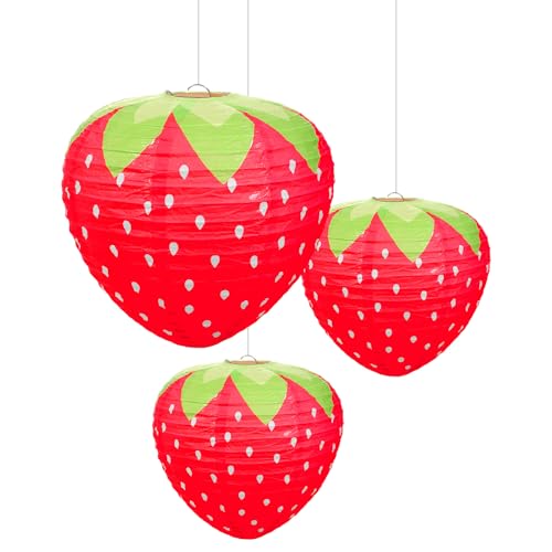 3 Pcs Strawberry Paper Lanterns 8" & 12" Red Large Strawberry Lantern Party Decorations Hanging Strawberrys Decor for Room, Birthday Party Baby Shower Wedding Garden