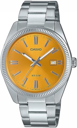 Casio MTP Series Analogue Quartz (38.5mm) Saffron Yellow Sunray Dial/Stainless Steel Bracelet MTP-1302PD-9AVEF, Yellow, MTP-1302PD-9AVEF-AMZUK