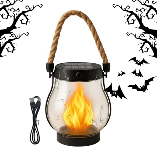 Farol solar de llama para exteriores, iluminación impermeable para exteriores con carga USB, lámpara colgante portátil, de lámpara de jardín colgante, ideal para Halloween, fiestas de