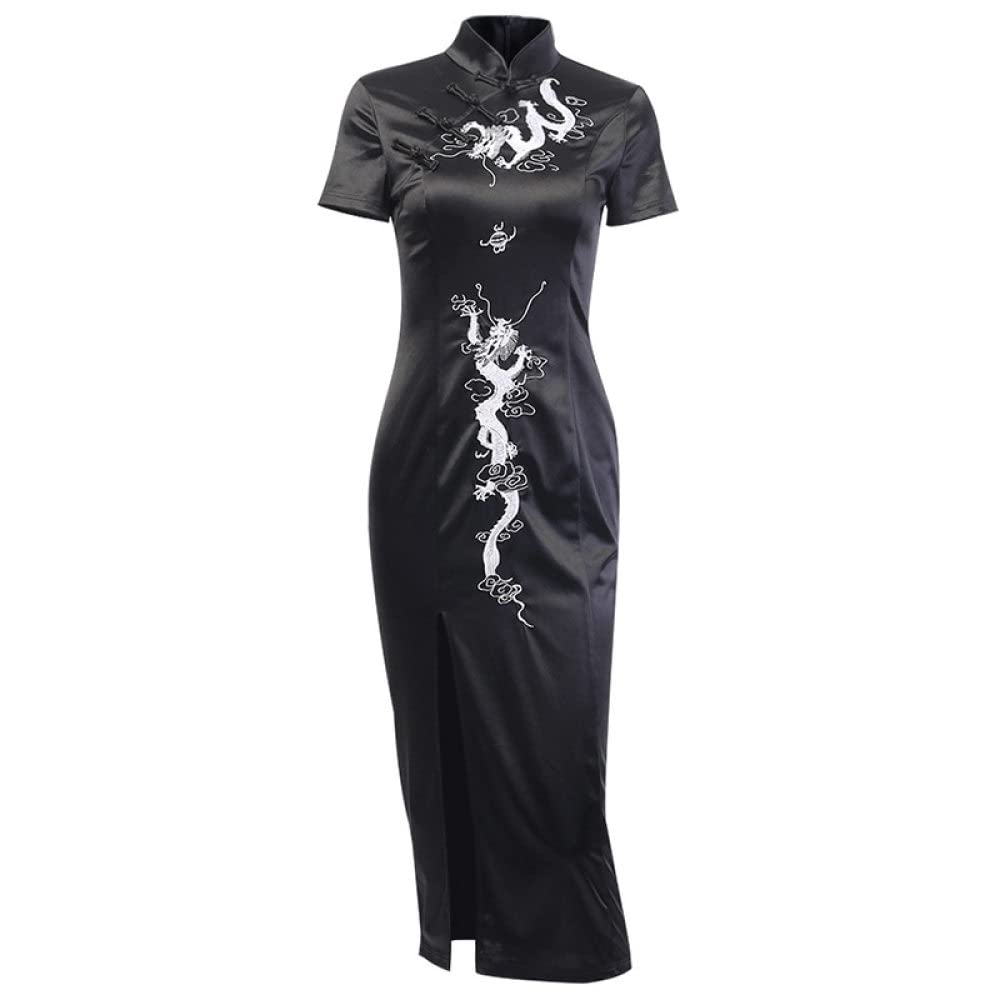 VAAX Women'S Qipao Chinese Dresses,Black Silk Cheongsam Dress Short Sleeve Slim Maxi Dress Embroidery Dragon Qipao Dress Elegant Sexy Cocktail Dress Evening Wedding Dress For Girls Bride