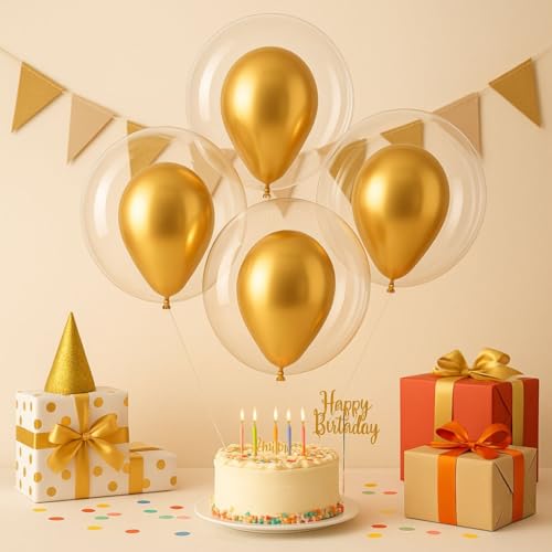 Image of Wanna Party Pack of 5 Bobo Balloons 20 Inch Helium Style Transparent Bubble Clear with 5 Gold Metallic , Gifts for Christmas,Wedding,Birthday, Anniversary Party Decorations