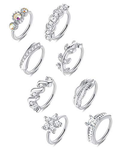 ORAZIO 8Pcs 20G Stainless Steel Nose Ring Hoop Paved CZ Leaf Cartilage Earring for Women Body Ear Piercing Hoop Ring for Nose Ear Cartilage