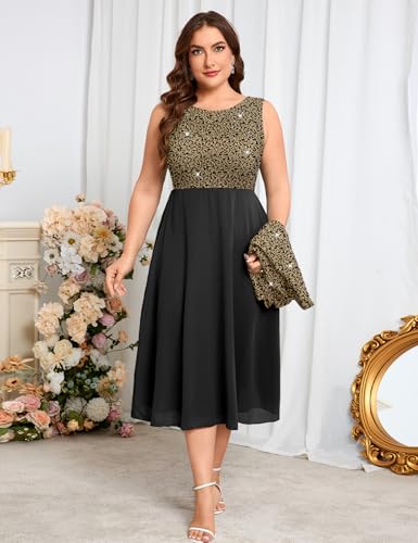 Image of ZOMVA Plus Size Sparkly Mother of The Bride Dresses with Jacket 2 Piece Chiffon A-Line Dress Wedding Guest Formal