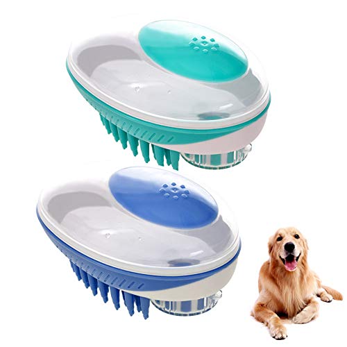 Funfe 2 in 1 Pet Brush Silicone Bath Body Shower Brush Soft Deshedding Pet Bath Brush Scrubber Shampoo Dispenser 2PCS for Long Short Haired Dogs and Cats (Green, Blue) (Green, Blue)