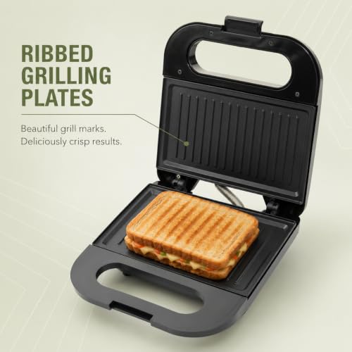 Image of Sunglow Crystal 750 Watt Sandwich Maker, Electric Toaster with Ribbed Grilling Plates, Indicator Lights, Scratch Resistant, 180 Open Griller, Auto Cutoff, 1 Year Warranty, 2 Slices, Black