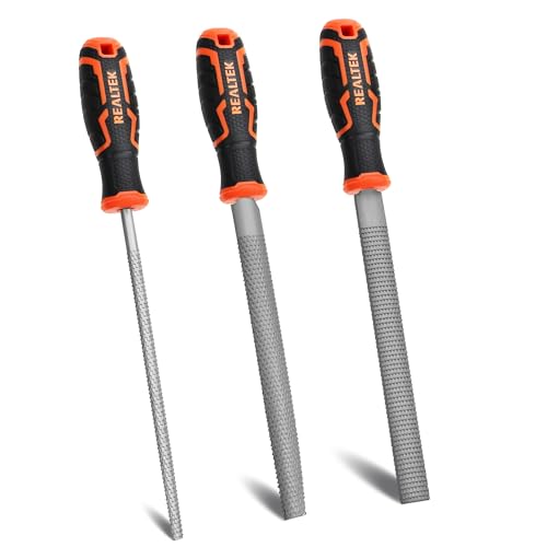 REALTEK 3-Piece 12' Wood Rasp File Set with 4' Longer Rubber Grip, T12 High Carbon Wood File Set for Woodworking, Flat/Half Round/Round Perfect Files for Wood Manual Cutting and Sharping