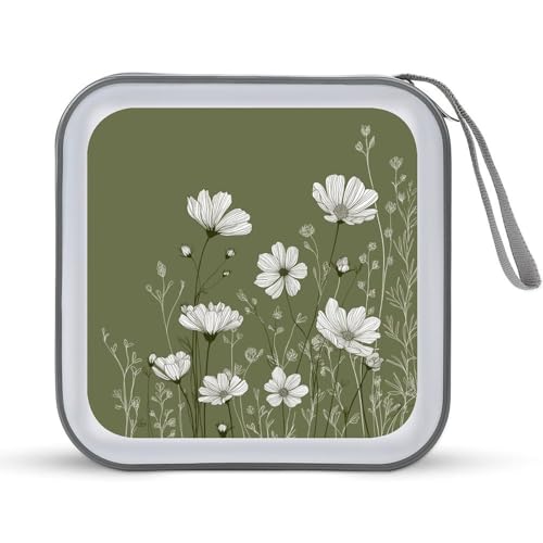 DuduYH White Wildflowers on Green CD Case DVD Storage Case Portable for Car Home Travel