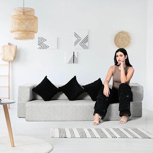 Image of Seventh Heaven 4 Seater Sofa Bed 78x44x10 inch Jute Fabric with 4 Cushions 4 Seater Double Foam Fold Out Sofa Cum Bed (Finish Color - White. Delivery Condition - Pre-Assembled)