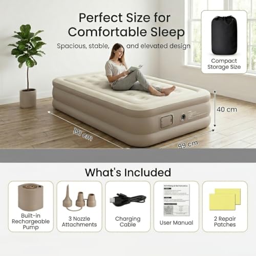 Image of Single Inflatable Airbed Mattress, Waterproof, Plush Top, 191x99x40 cm, Portable, for Home, Travel & Camping, Brown