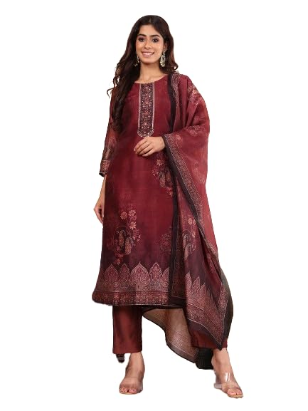 Varanga Women Maroon Floral Printed Kurta Paired With Bottom And Dupatta