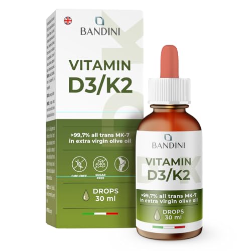 Bandini® Vitamin D3 K2 Drops, Extra Virgin Olive Oil EVO, Cholecalciferol 1000 IU per Drop + VIT K 2 MK-7 Menaquinone Kappa 99.7% 100 mcg per Drop, Vitamin D Drops, D3 and K2, 100% Vegan