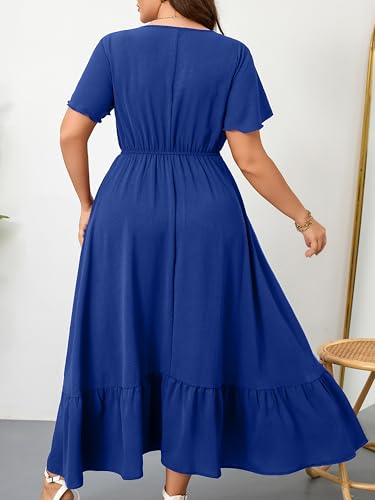 Image of RWJ Women Plus Size Maxi Dress V Neck Short Sleeve Button Trim Split Flowy Tiered Casual Long Dresses 2025 L-3XL