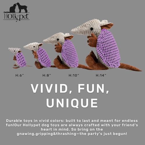 Image of Hollypet Plush Dog Squeaky Toy Stuffed Armadillo Animal Pet Puppy Chew Toys with Clean Teeth for Small Medium Large All Breed Sizes Dogs, Purple, 14 in
