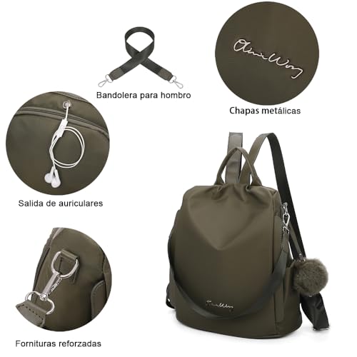 OLIVIA WONG Mochila antirrobo Impermeable para mujer (13L)| Mochila Convertible en bolso con pompom y Asa desmontable de adorno - Verde Militar Militar - imagen 6