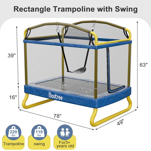 6.5FT Rectangle Trampoline for Kids, 78”ASTM Approved Recreational Trampolines with Swing, Small Toddler Trampoline with Safety Enclosure Net, Outdoor and Backyard, Gifts for Children & Boys & Girls
