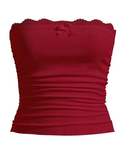 Women Lace Trim Tube Top Y2k Strapless Backless Bandeau Cami Tops Fairy Grunge Aesthetic Vest Streetwear (Red, S) Women Lace Trim Tube Top Y2k Strapless Backless Bandeau Cami Tops Fairy Grunge Aesthetic Vest Streetwear (Red, S)