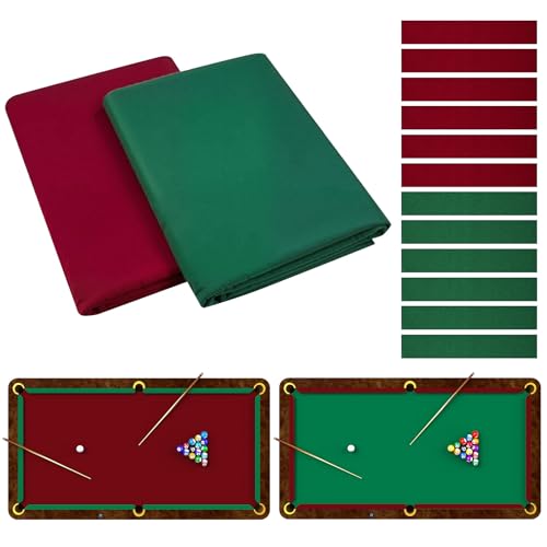 Breling 2 Sets 8ft Pool Table Felt Replacement Kit with 12 Rail Cloth Strips, Pre Cut Billiard Table Cloth for Standard 8 Foot Pool Tables, Durable Felt for Home Game Rooms, Bars & Clubs (red & Green)