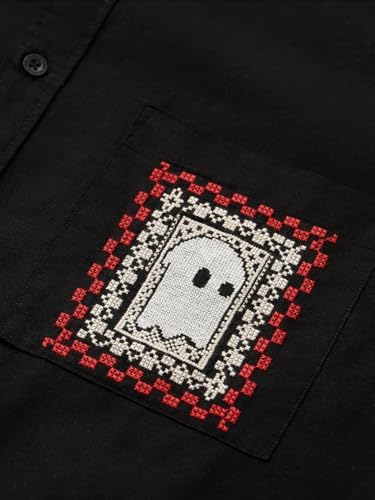 Image of The Souled Store Relaxed Shirt: Souled Original Men and Boys Long Sleeves Collared Neck Button Front Black Embroidered Relaxed Fit Cotton Linen Shirts
