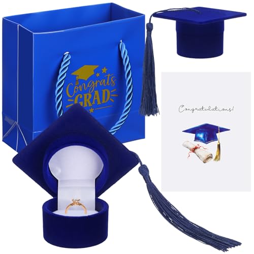 Simgoing 2.8 Inch Graduation Cap Ring Box with Graduation Gift Bag and Congratulations Card Velvet Ring Organizer Case Jewelry Storage Box for 2026 Gifts Celebration Party Supplies (Blue and Gold)