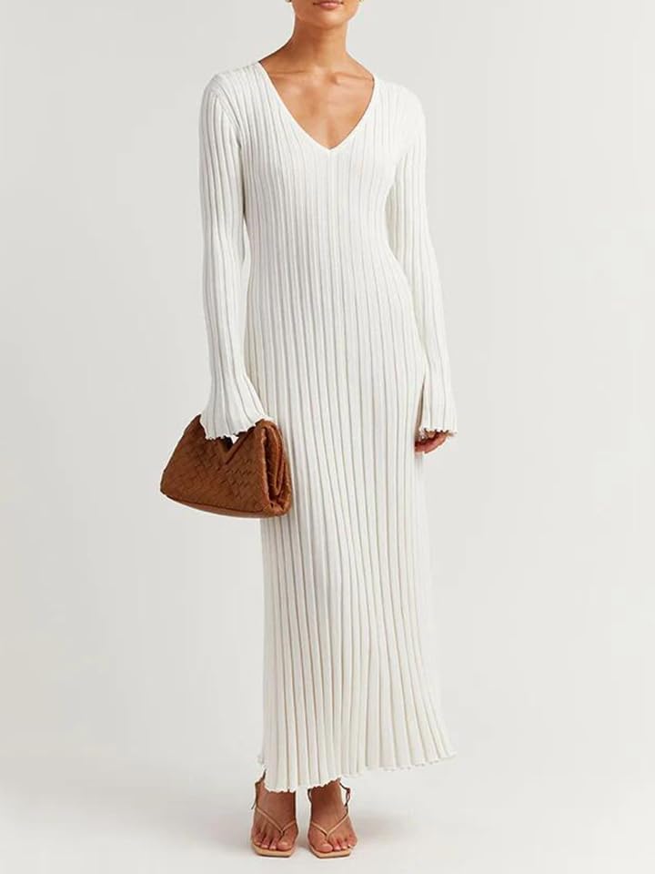 Image of Women's Long Knit Crewneck Sweater Dress Tie Waist A-Line Swing Pleated Bodycon