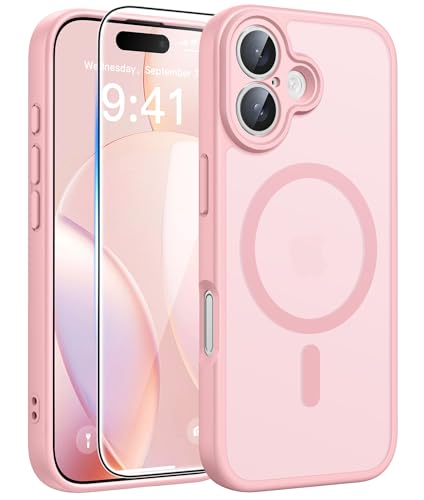 FNTCASE for iPhone 16 Case: [Compatible with Magsafe] Translucent Matte Cases with [Full Camera Protection] [Screen Protector] Military Grade Shockproof Protective Phone Cover - Light Pink