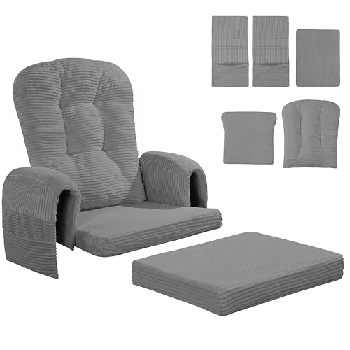 MABOZOO 5 PCS Corduroy Glider Rocker Replacement Cushions with Storage Side Pocket,Foam & Microfiber Filling, Non-Slip & Washable,Thickened & Supportive Rocking Chair Cushion Set(Gray)