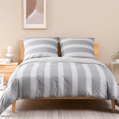 ATsense Bettwäsche 135x200 Baumwolle, 4 teilig Wende Bettwäsche-Sets mit Weiß&Grau Gestreiftes… – Ansicht 1