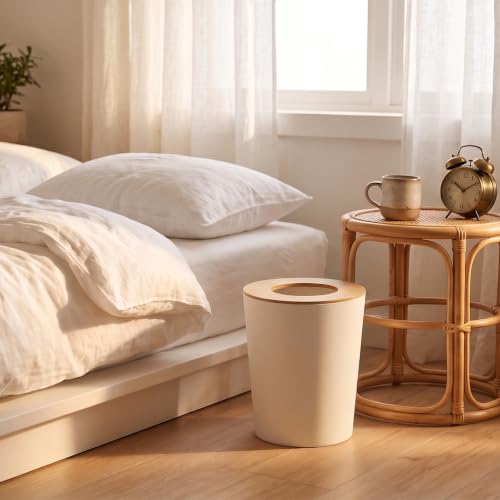 Image of White Trash Can for Bedroom with Bamboo Lid, 2.4 Gallon Open Top Trash Can 3 Pack, Modern Aesthetic Garbage Can for Room Office Living Room, Small Bathroom Trash Bin Boho Style