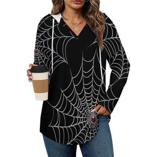 Womens Bodysuit Halloween Spiders Web Black T Shirts Long Sleeve Hoodie V Neck Pullover Tops, 2026