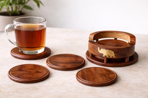 Image of Wooden Handmade Tea Coasters Set of 6, Coasters for Cups Set of 6, Tea Cup Holder Table, with Elephant Brass Work, Coffee Wooden Coaster Set Cup Wooden Stand Coaster
