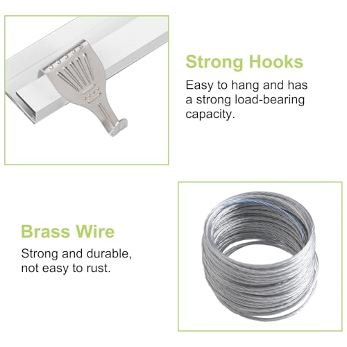 Image of Picture Hanging Kit 13Pcs Picture Rail Hooks with 3 Rolls 3M Picture Wires Silver Picture Rail Hanging Hooks Picture Display Hanging System Accessories for Wall Picture, Exhibition