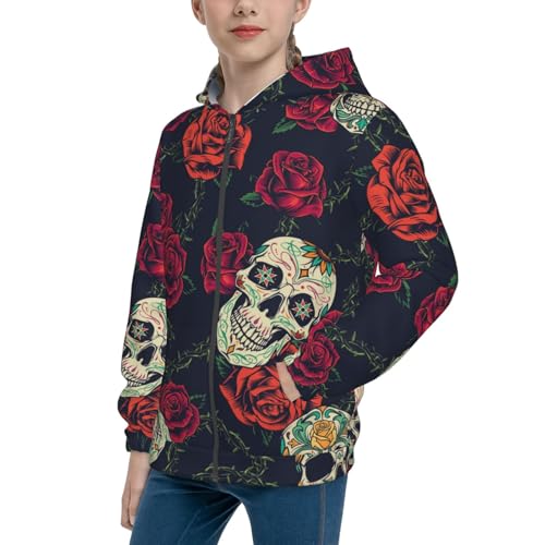 Roses Skulls Kid Hoodies Boys Zip Up Sweatshirts Girls Pullover with Pocket