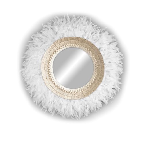 Miroir mural plumes et franges macramé coton blanc miroir bohème