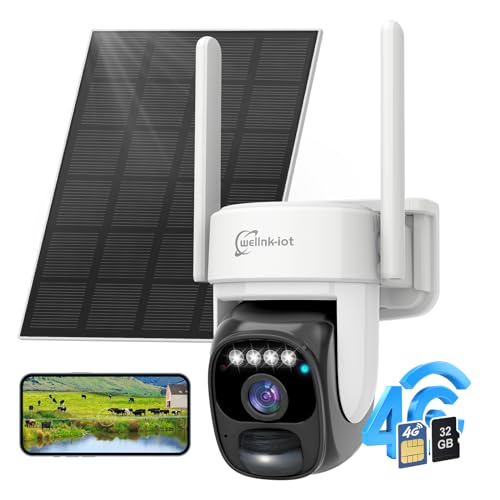 wellnk-iot 4G/3G LTE Cellular Solar Security Camera Outdoor, U.S. Native SIM Card, No WiFi Needed,local and cloud storage, 360° Live View, 2K Color Night Vision, 2 Way Talk, PIR Motion Sensor (32G SD)