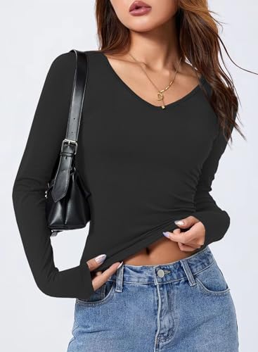 LOLONG T Shirts for Women Short/Long Sleeve V Neck Casual Ribbed Slim Fitted Tops2