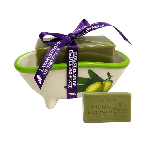 Jabón de Oliva y Hojas de Olivo perfumados, Jabones artesanales, Dos Pastillas de 100Gr c/u Natural 100%, Jabón de Marsella, Jabonera de cerámica para baño, Set de Baño decorativo.
