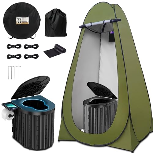 Camping Portable Toilet with Pop-Up Privacy Tent, Upgraded 15'' Height Folding Camping Toilet for All Ages, Outdoor Camping Portable Shower Enclosure Changing Tent