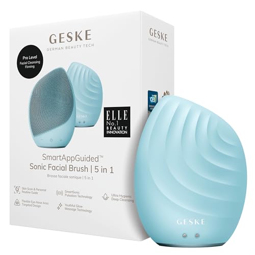 GESKE | Cepillo facial SmartAppGuided™ 5 en 1 | Cepillo de limpieza facial eléctrico | Cepillo de silicona suave | Limpieza facial profesional | Dispositivo de limpieza facial | masajeador facial