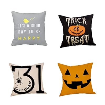 4 Pack Halloween Pillow Covers Black Style Happy Halloween Greeting Quote with Funny Skull Dancing Skeleton Design Cushion Cover Halloween Skull Pumpkin Decorative Pillowcases 18"