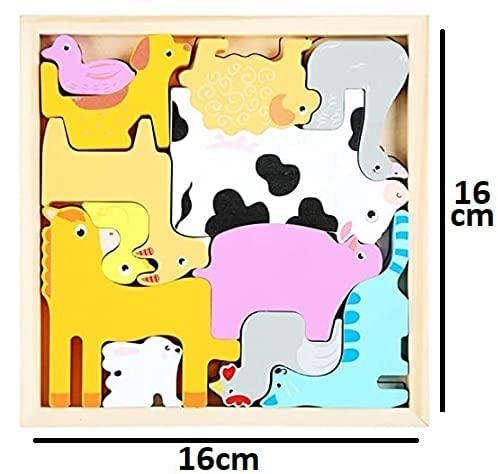 TRU TOYS Handcrafted 3D Wooden Jigsaw Puzzle; Pre Education Alphabet & Number Learning Multicolour Toy Blocks for Boys and Girls 16 cm x 16 cm (Pet Animals)