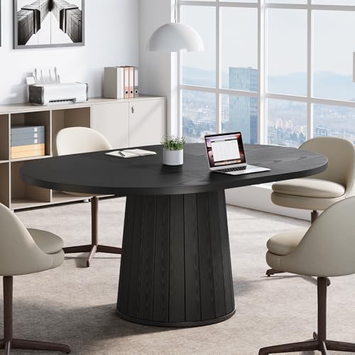 Tribesigns Oval Conference Table, 55.11 Inches Wooden Meeting Table for 6 People, Rustic Meeting Seminar Boardroom Table with Wood Base for Office Conference Room (Black)