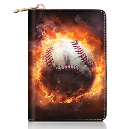Credit Card Holder Wallets for Women, Burning Baseball Design RFID Blocking Small Leather Card Case Wallet Zipper Accordion Wallets