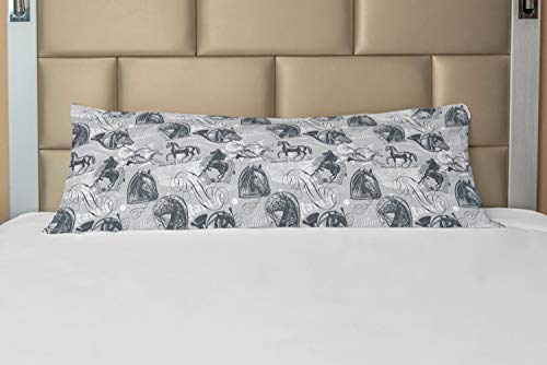Ambesonne Horses Body Pillow Case Cover with Zipper, Vintage Monochrome Sketch Stallion Swirls Calligraphic Design Animal Theme, Decorative Accent Long Pillowcase, 21" x 54", White Grey