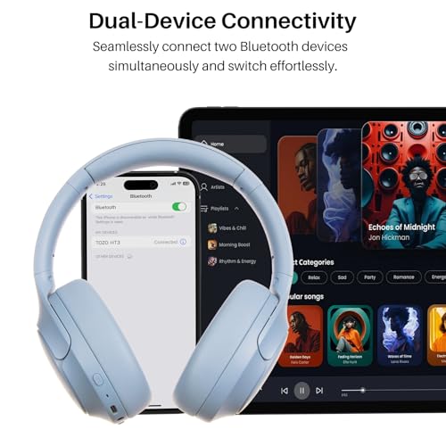 Image of TOZO HT3 Hybrid Noise Cancelling Headphones, 90H Battery Life Wireless Over Ear Bluetooth 6.0 Foldable Headset, AI Voice Assistant with 5 Mics, Connect 2 Devices and Hi-Res Sound, 32 EQ Audio Presets