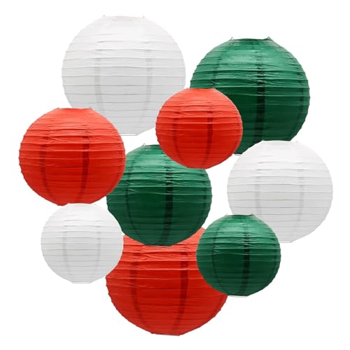 Lanterna di carta natalizia, decorazione per feste, multicolore, adatta per feste di Natale, matrimoni, feste di compleanno, set di 9 (bianco, verde, rosso)